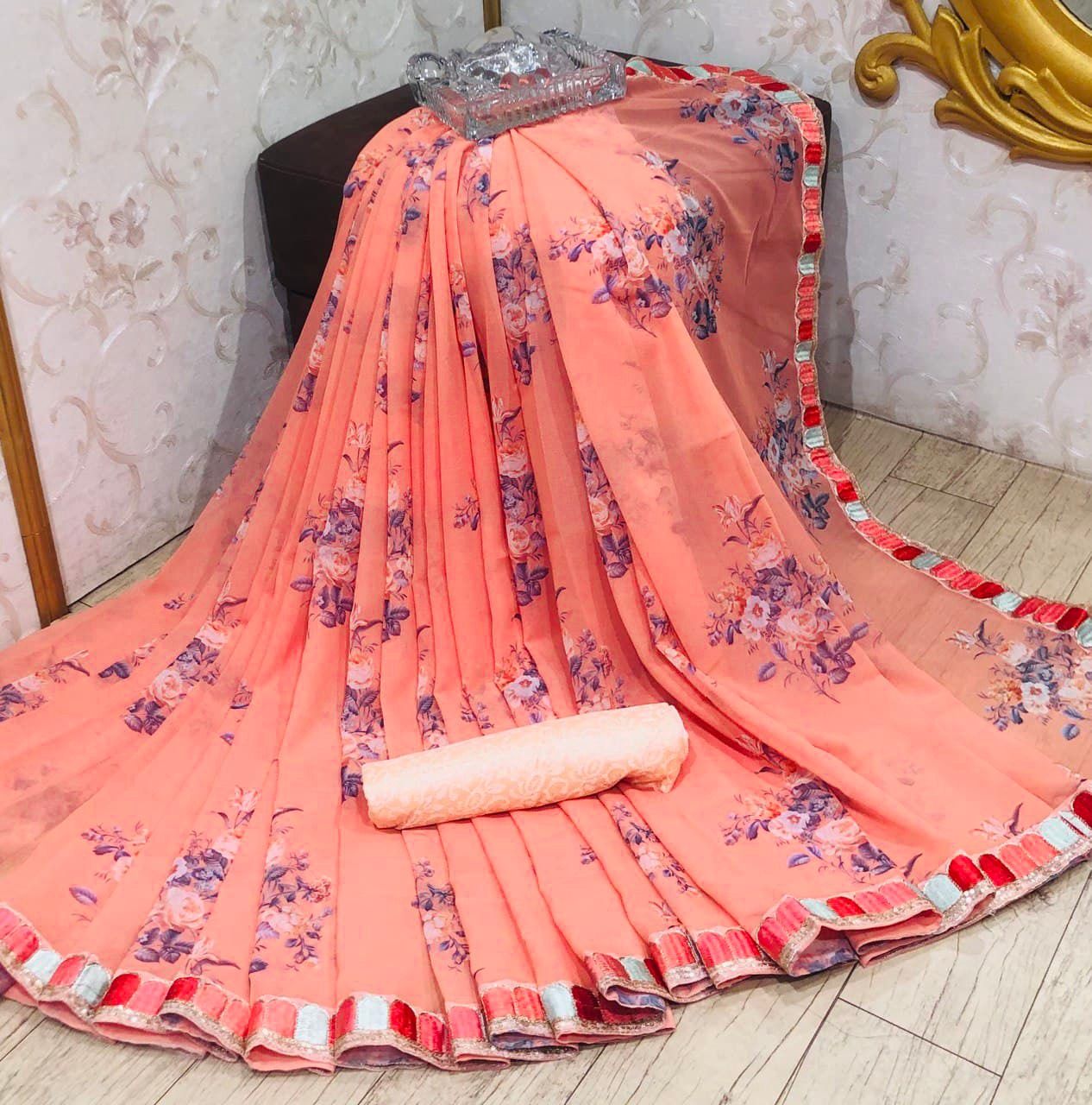 Peach Saree In Georgette Silk With Digital Print